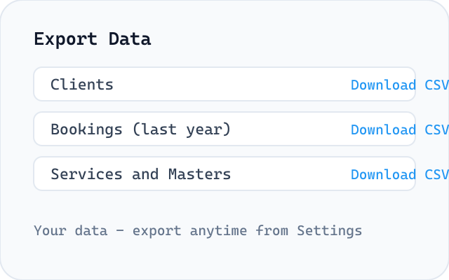 Export clients and bookings to CSV from Settings